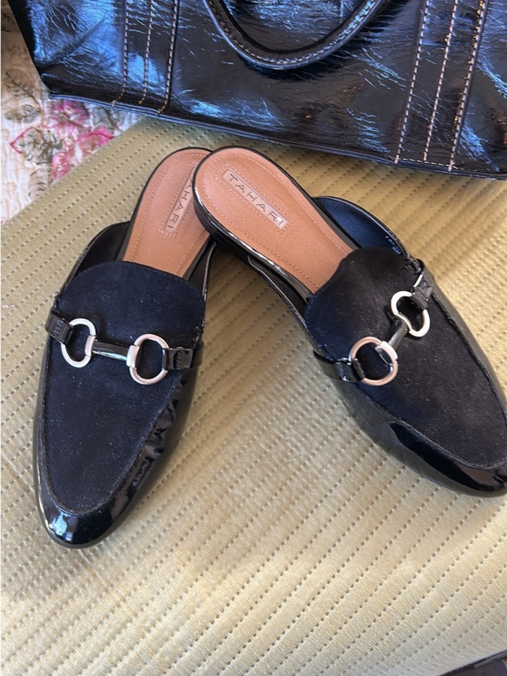 Tahari Black Suede & Patent Slip-On Mules with Silver Bit